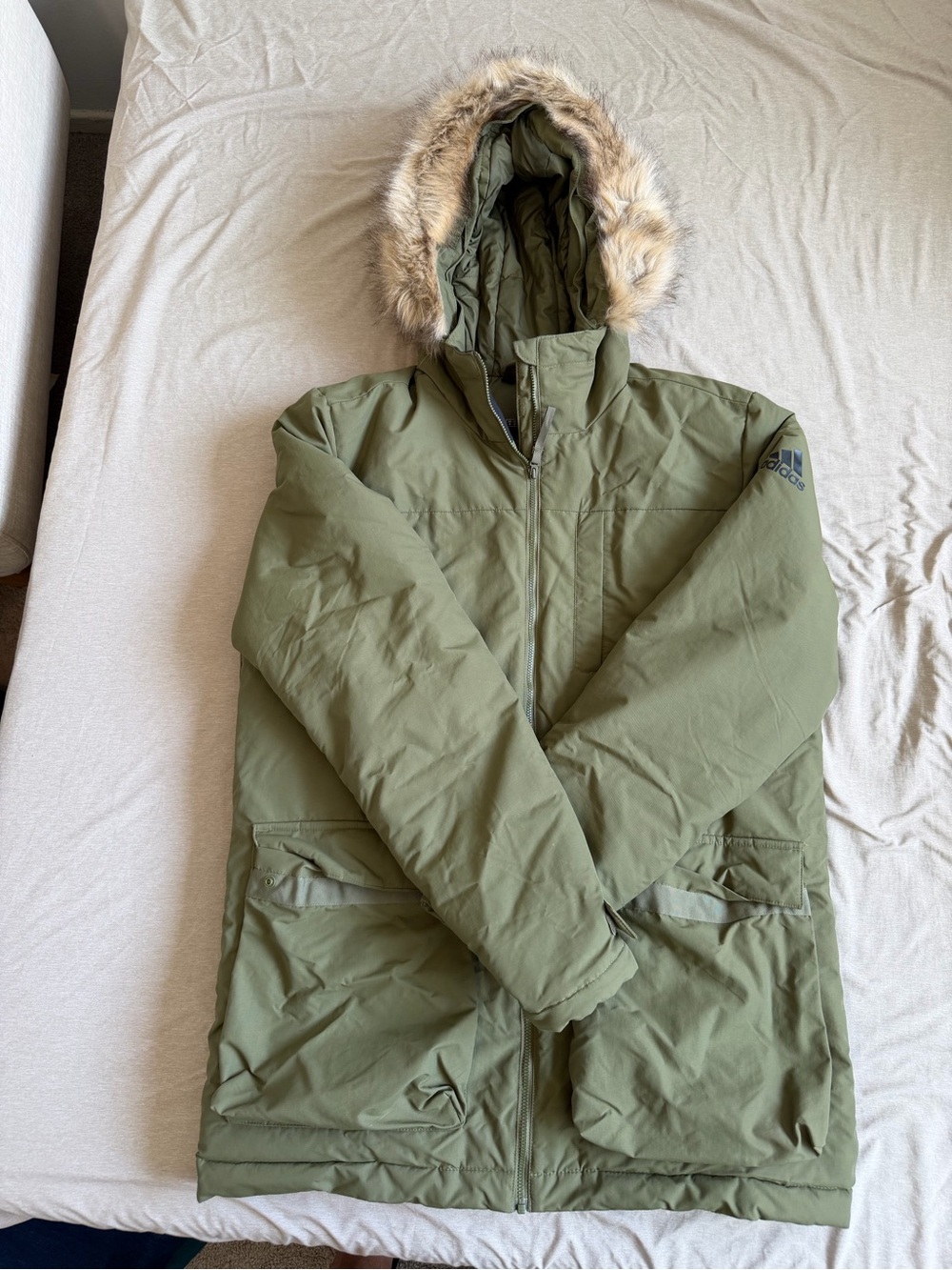 adidas Olive Green Hooded Puffer Parka with Faux-Fur Trim